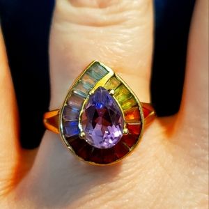 14K Yellow Gold Teardrop Rainbow Halo Gemstone Ring